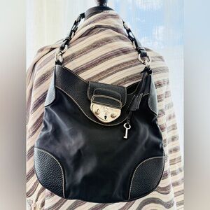 Vintage PRADA Vitello Diano Shoulder Bag Tessuto Black Nylon w/ Silver Lock/Key